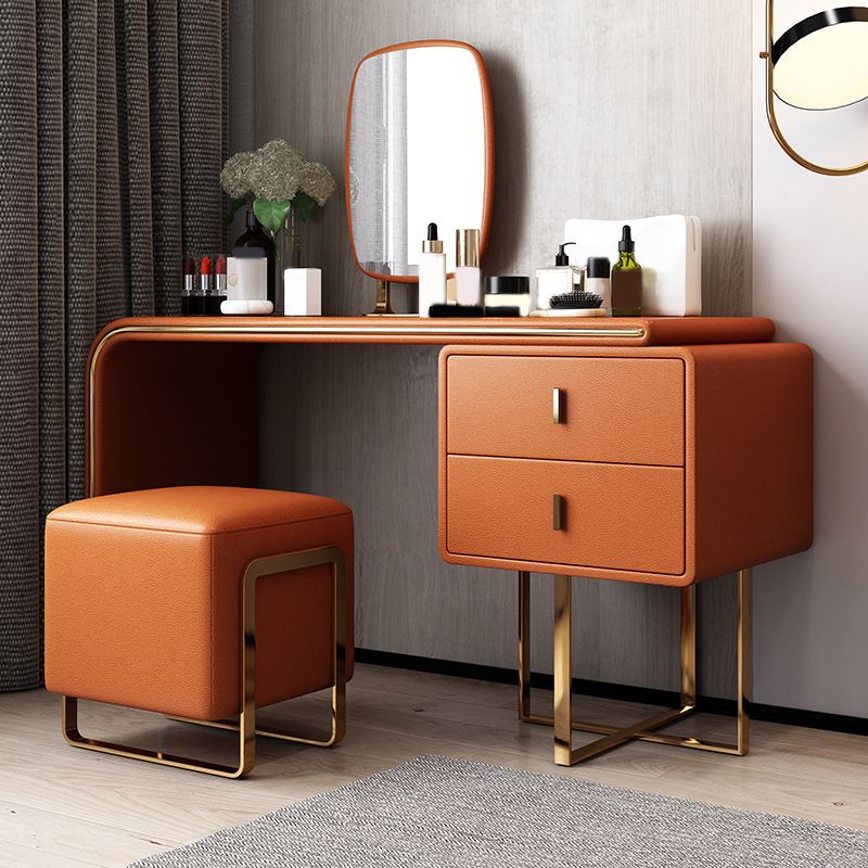 Luxurious Leather Vanity Makeup Table Set 2 Drawers Vanity Table with Mirror & Stool