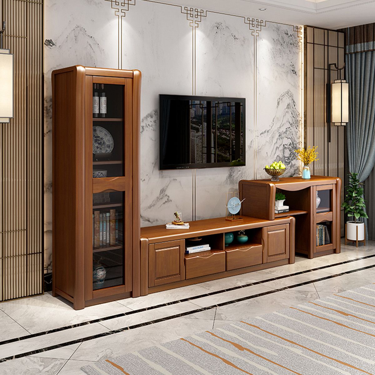Soporte de madera moderno para TV, consola de almacenamiento abierto, soporte multimedia para TV con puertas para sala de estar