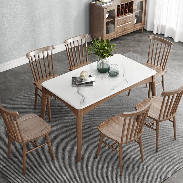 Mid-Century Modern Dining Table Stone Top Table with 4 Wood Legs