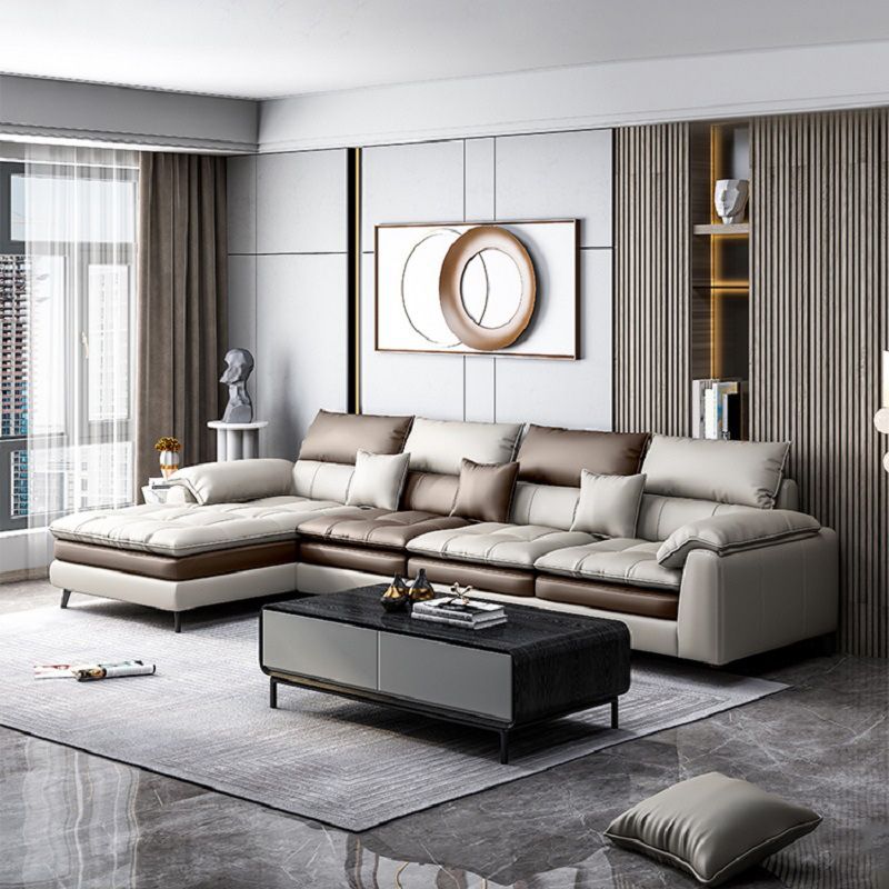 Brown Pillow Top Arm Sofa & Chaise Sewn Pillow Back Sofa - 35.43" H Clearhalo 'furn' 'furn_sectionals' 'Furniture' 'Living Room Furniture' 'Sectionals' 1200x1200_bca83c03-5eb1-4430-a9ac-5c1491cbe5cd