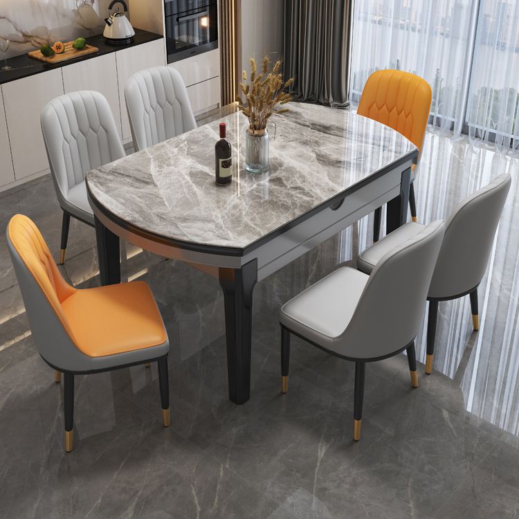 Modern Round Expandable Retractable Stone Top Dining Table with Black Wood Base Clearhalo 'Dining Tables & Seating' 'Dining Tables' 'dining_table' 'furn' 'furn_dining_table' 'Furniture' 'Kitchen & Dining Furniture' 1200x1200_bcad74bf-37a7-48a1-9758-236f3f9bfb02