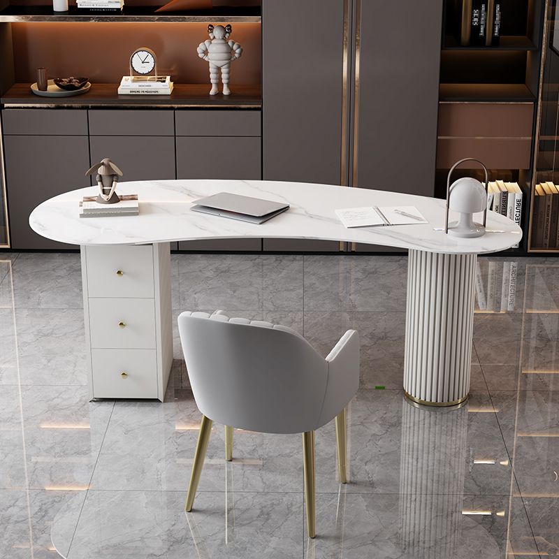 Unconventional Shape Office Desk Pedestal Glam Writing Desk in White Clearhalo 'furn' 'furn_office_desk' 'Furniture' 'Office Desks' 'Office Furniture' 'office_desk' 1200x1200_bcb52a5c-a6c2-418d-b5ac-55e345cd129e