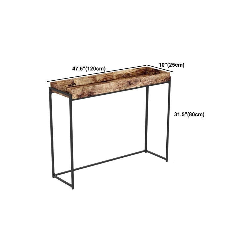 Tavolo della console moderna di metà secolo con top con vassoio marrone e tavolo di base nera