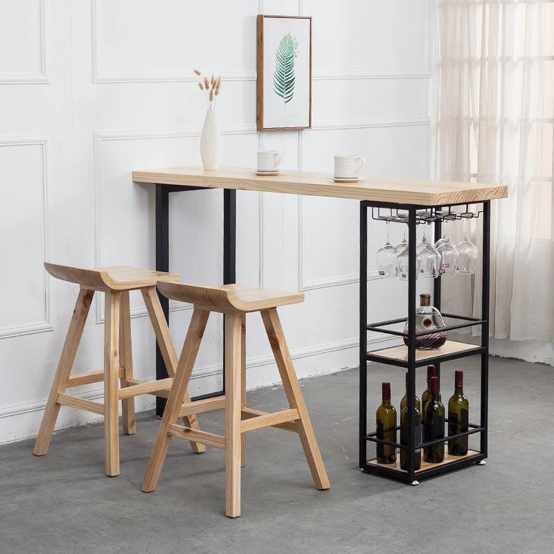 Mesa de comedor rectangular natural, mesa de altura de barra de madera maciza con pedestal y estantes