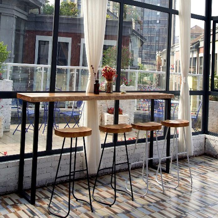 Tavolo da bar per top in legno di pino industriale tavolo da pub rettangolo con doppio piedistallo in nero