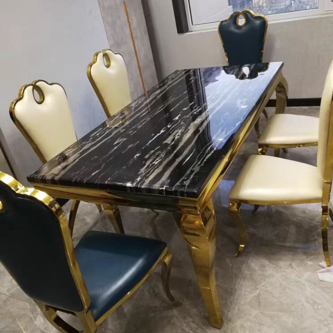 Marble Dining Table Luxury Style 4 Legs Metallic Base Rectangle Table for Home Clearhalo ' dining_table' 'Dining Tables & Seating' 'Dining Tables' 'furn' 'furn_dining_table' 'Furniture' 'furniture_dining_table' 'Kitchen & Dining Furniture' 'kitchen&dining_furn' 'kitchen' 'kitchen_dining_table' 1200x1200_bd2c0684-6c66-42d7-b2f7-06b41631de4e