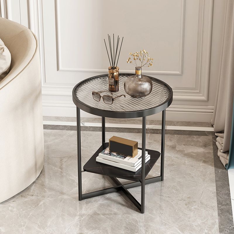 Modern Glass Side End Table Metal Cross Legs Round Corner Table