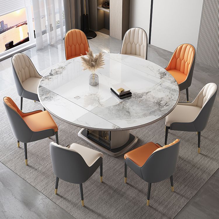 Stone Tabletop Round Extendable Dining Table in White with Storage Clearhalo 'Dining Tables & Seating' 'Dining Tables' 'dining_table' 'furn' 'furn_dining_table' 'Furniture' 'Kitchen & Dining Furniture' 1200x1200_bd2dc9a8-70ec-4b35-8f15-e80a3a16afd7