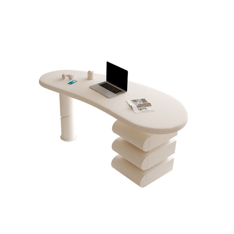 Irregular Shaped Wood Office Desk White Writing Desk with 3-Drawer