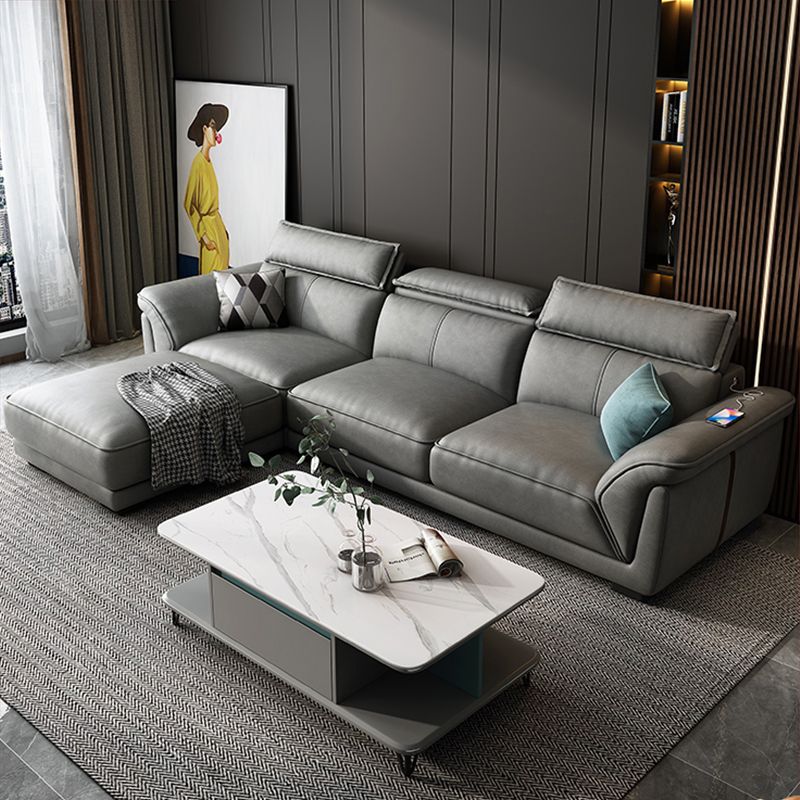 Modern Faux Leather Sectional Sofa 33.46"High Flared Arm Sofa and Chaise, Grey Clearhalo 'furn' 'furn_sectionals' 'Furniture' 'furniture_sectionals' 'kitchen' 'kitchen_sectionals' 'Living Room Furniture' 'Sectionals' 1200x1200_bd3dbc86-9151-4e91-9161-536b957242a1