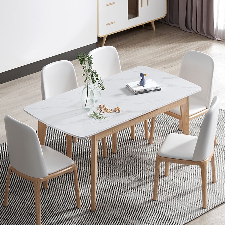 Sintered Stone Top Extendable Table in White Kitchen Table with Ash Wood Base and 4 Legs Clearhalo ' dining_table' 'Dining Tables & Seating' 'Dining Tables' 'furn' 'furn_dining_table' 'Furniture' 'furniture_dining_table' 'Kitchen & Dining Furniture' 'kitchen&dining_furn' 'kitchen' 'kitchen_dining_table' 1200x1200_bd440556-d51a-4a7f-9092-7ed14a1c8111