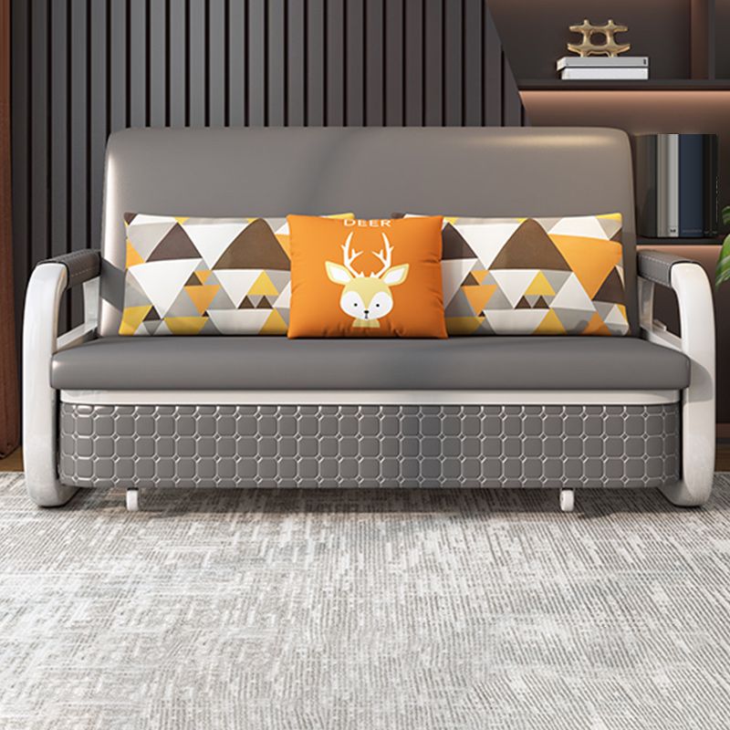 Faux Leather Square Arm Sleeper with Storage Scandinavian Futon Sleeper Sofa Bed in Gray