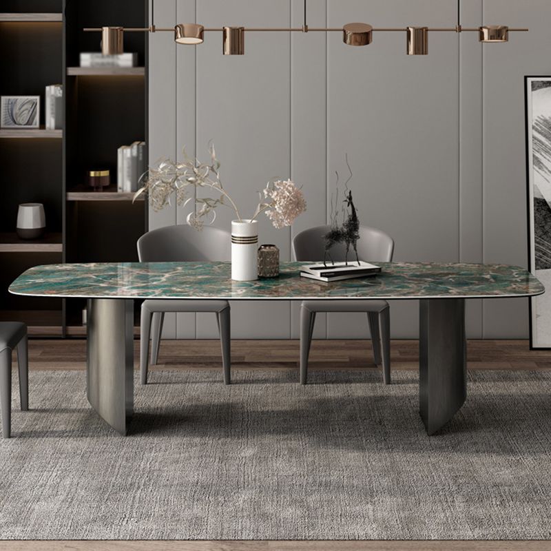 Sintered Stone Modern Rectangle Dining Table Green Stone Top Table with Metal Double Pedestal Clearhalo ' dining_table' 'Dining Tables & Seating' 'Dining Tables' 'furn' 'furn_dining_table' 'Furniture' 'furniture_dining_table' 'Kitchen & Dining Furniture' 'kitchen&dining_furn' 'kitchen' 'kitchen_dining_table' 1200x1200_bd7a83b8-5c38-495d-9755-d37fdbdf25c4