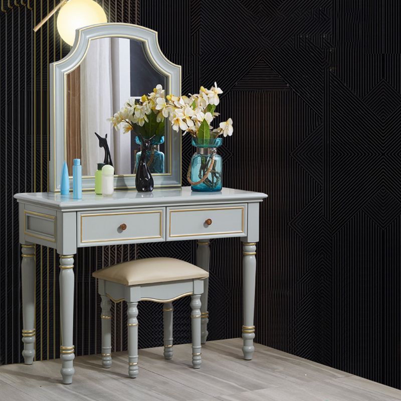 Meuble de bureau miroir 2 tiroir Vanité bleue avec tabouret rembourré