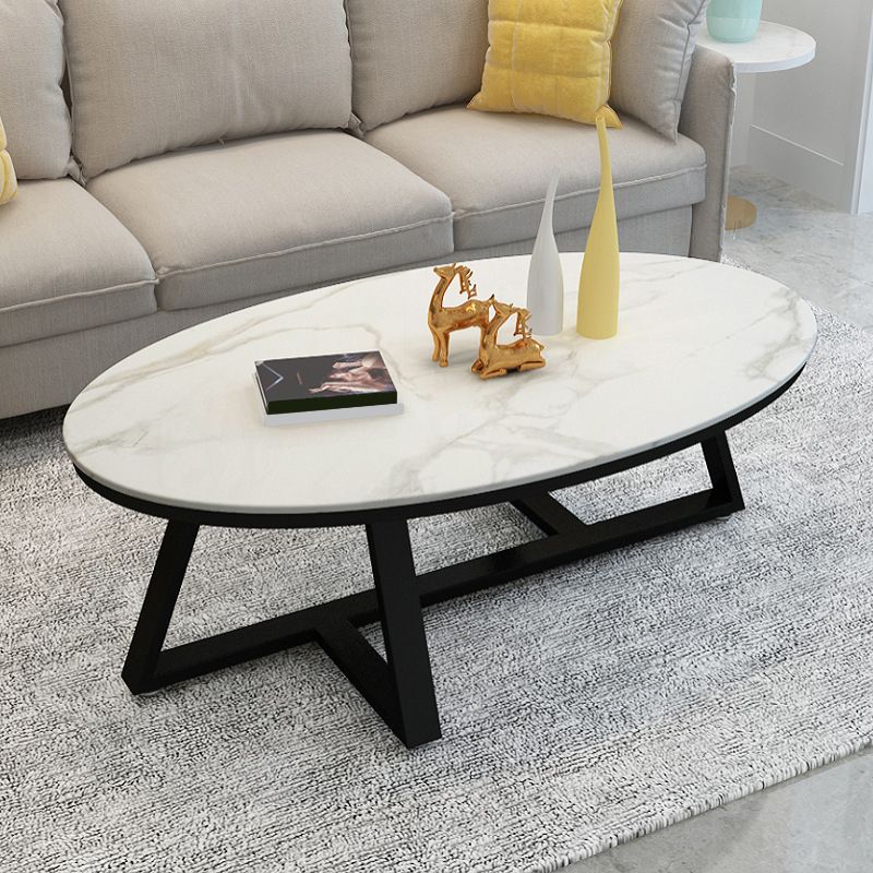 Cross Legs Coffee Table with Stone Oval Top and Iron Base Cocktail Table Clearhalo 'Coffee & Accent Tables' 'Coffee Tables' 'coffee_tables' 'furn' 'furn_coffee_tables' 'Furniture' 'Living Room Furniture' 1200x1200_bd8b0f48-3afd-4472-8581-dea527c967d4