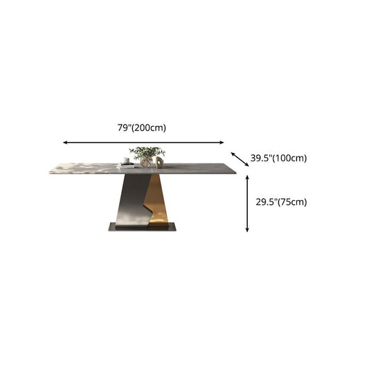 Mesa de comedor de piedra sinterizada industrial en mesa de comedor rectangular gris con base de pedestal