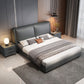 Contemporary Grey Leather Upholstered Standard Bed, Rectangular Panel Bed