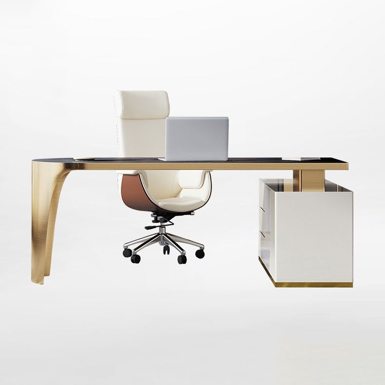 L-Shape Executive Desk Glam with Drawers Office Desk with Chrome Metal Base Clearhalo 'furn' 'furn_office_desk' 'Furniture' 'Office Desks' 'Office Furniture' 'office_desk' 1200x1200_bdbad79a-ea76-453c-96a9-9036300ff6f5