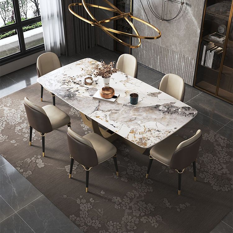 Minimalist Style Sintered Stone Dining Table with Rectangle Shape Fixed Table and Trestle Base Clearhalo 'Dining Room Sets' 'Dining Tables & Seating' 'dining_room_set' 'furn' 'furn_dining_room_set' 'Furniture' 'furniture_dining_room_set' 'Kitchen & Dining Furniture' 'kitchen&dining_furn' 'kitchen' 1200x1200_bde8fe72-5f79-4e11-94df-c463da37805f