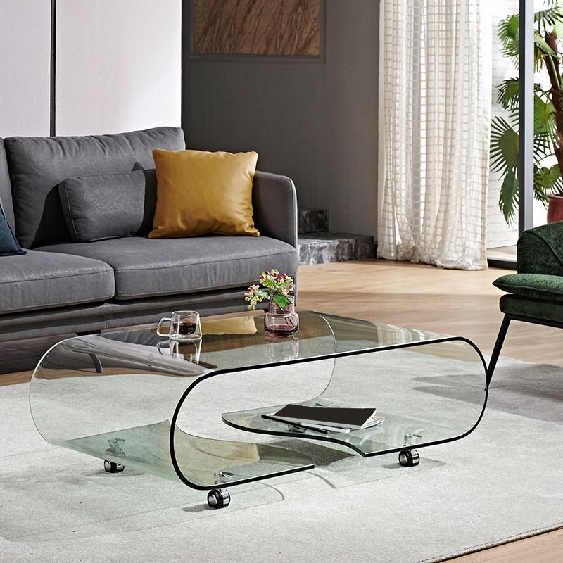 Modern Rectangle Glass Coffee Table Abstract Cocktail Table with Storage