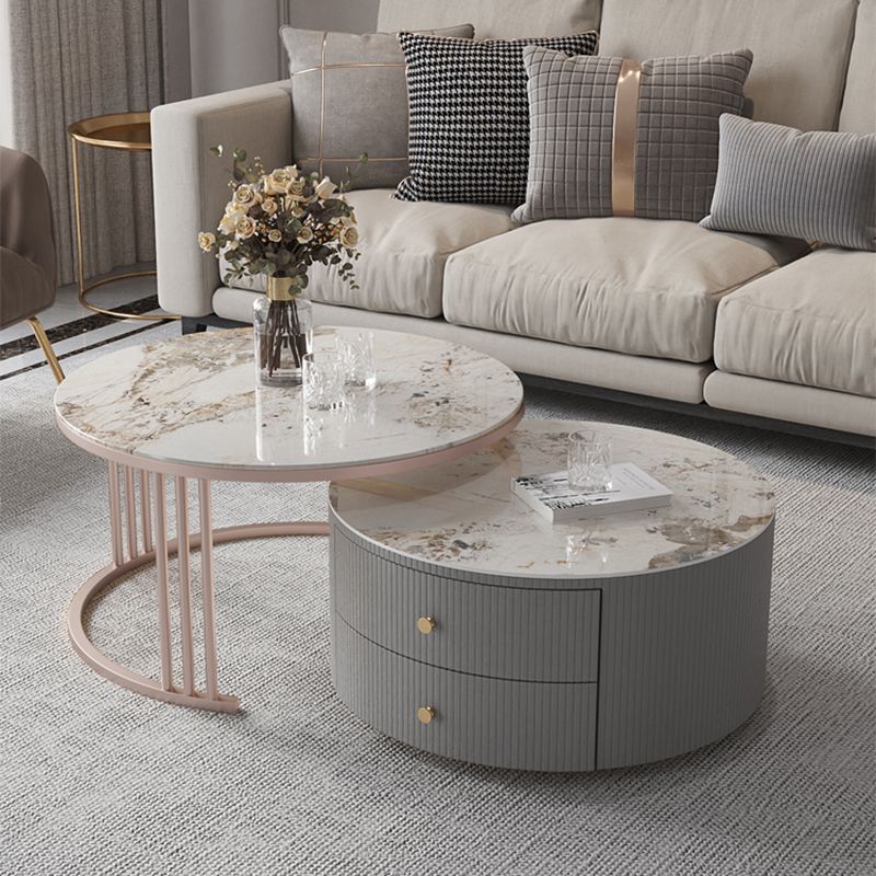 Drum Coffee Cocktail Table with 2 Storage Drawers Slate Top Round