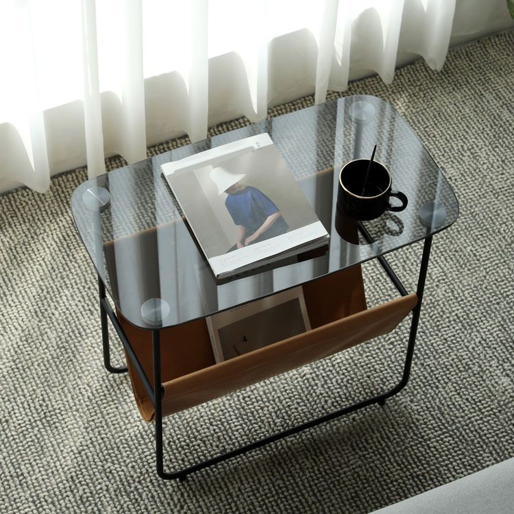 Modern Rectangle Glass Top Side Table 23.2" Tall Iron Sled Base End Table
