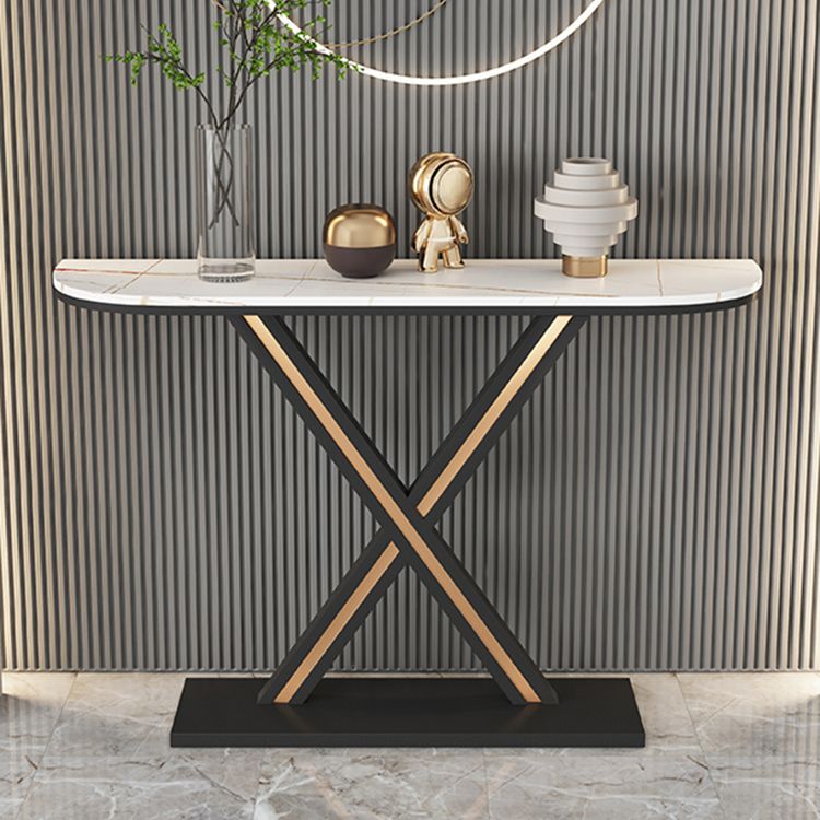 Half Moon Stone Top Accent Table with Black Iron Pedestal Base Clearhalo 'Console Tables' 'console_tables' 'Entry & Mudroom Furniture' 'furn' 'furn_console_tables' 'Furniture' 1200x1200_be36cd7c-97a7-4cdd-b630-5a094b8fa5fd