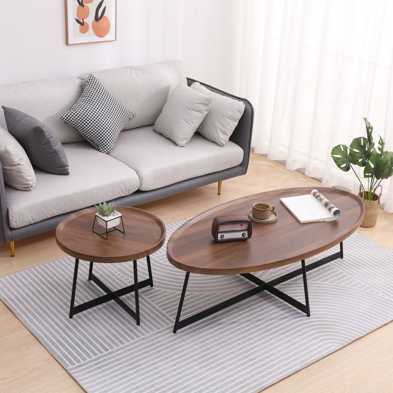 Stile moderno Black Metal Base Metal Bashing Wood/Walnut Oval/Round Table Top Side Table