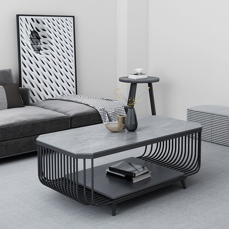 17.7" H Glam Rectangle Slate Coffee Table Iron 4 Legs Cocktail Table with Shelf Clearhalo 'Coffee & Accent Tables' 'Coffee Tables' 'coffee_tables' 'furn' 'furn_coffee_tables' 'Furniture' 'Living Room Furniture' 1200x1200_be443476-39a8-4fc4-bd03-b8db950fe0e2