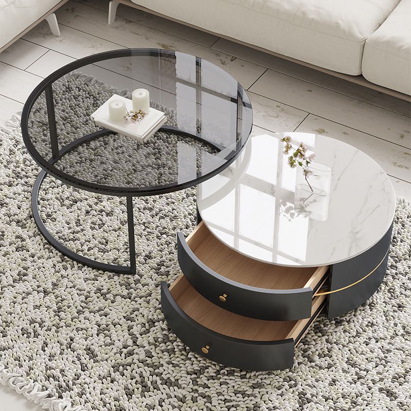 Frame Coffee Table Contemporary Stone/Glass Cocktail Table with Storage Drawers Clearhalo 'Coffee & Accent Tables' 'Coffee Tables' 'coffee_tables' 'furn' 'furn_coffee_tables' 'Furniture' 'Living Room Furniture' 1200x1200_be60054e-d035-4e70-aa7b-bf23b5c067b9