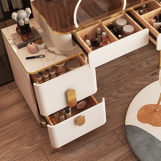 Tavolo da toeletta in legno per trucco top in vetro con cassetti di stoccaggio