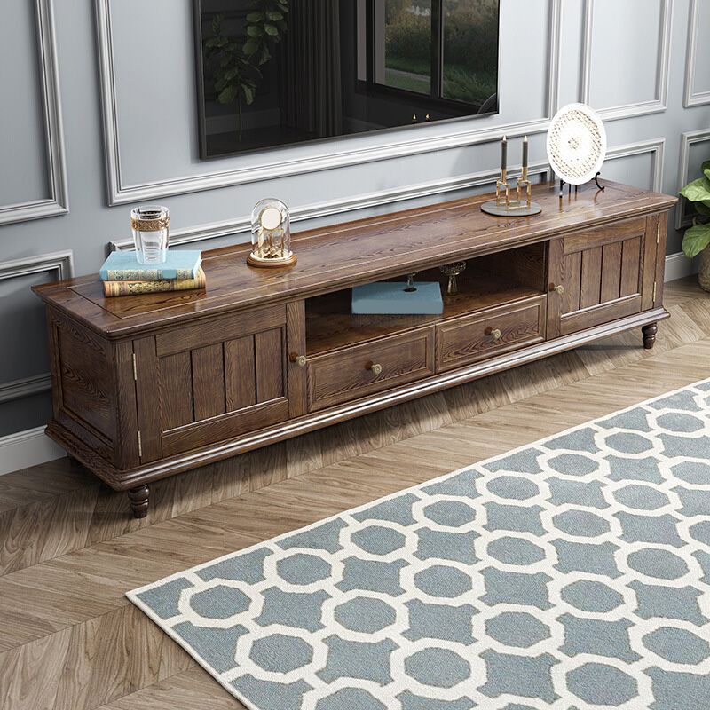 Support multimédia TV antique, console TV en frêne avec tiroirs pour salon