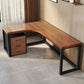 L-Shape Executive Desk Brown and Black Writing Desk Pine and Metal
