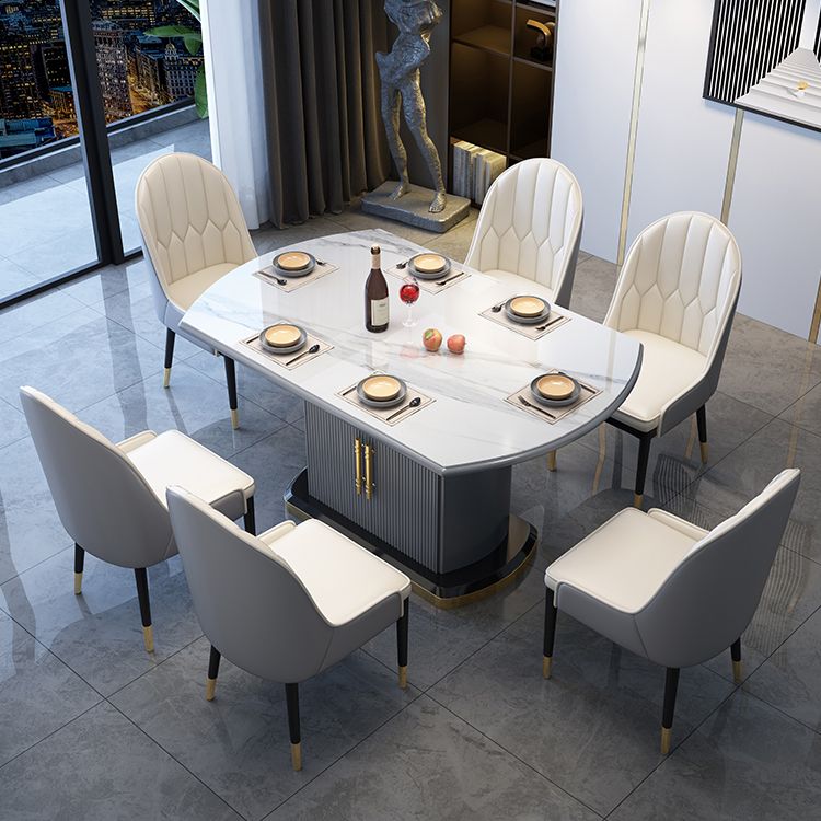Contemporary Style Sintered Stone Dining Table with Self-Storing Leaf and Pedestal Base Clearhalo 'Dining Room Sets' 'Dining Tables & Seating' 'dining_room_set' 'furn' 'furn_dining_room_set' 'Furniture' 'furniture_dining_room_set' 'Kitchen & Dining Furniture' 'kitchen&dining_furn' 'kitchen' 1200x1200_bedb03c3-eb98-482e-b6bf-4f71e01e6c07