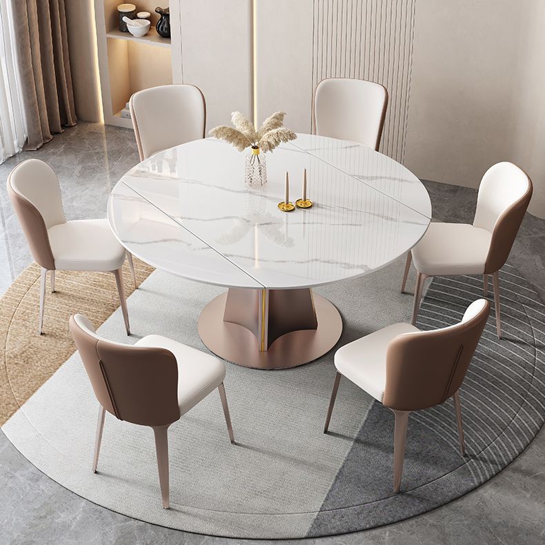 Modern White Round Extendable Dining Table with Metal Pedestal Base Clearhalo 'Dining Tables & Seating' 'Dining Tables' 'dining_table' 'furn' 'furn_dining_table' 'Furniture' 'Kitchen & Dining Furniture' 1200x1200_beec4e57-04c9-417c-87ba-534cc763edff