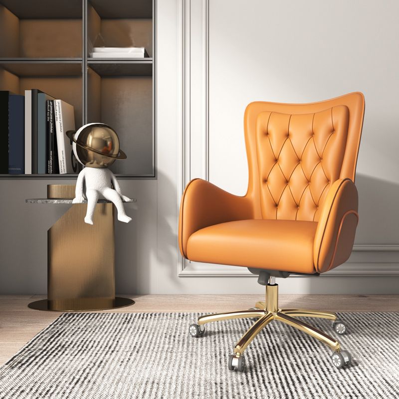 Chaise de bureau en cuir à bras fixe, chaise de travail rembourrée à dossier haut avec base en acier