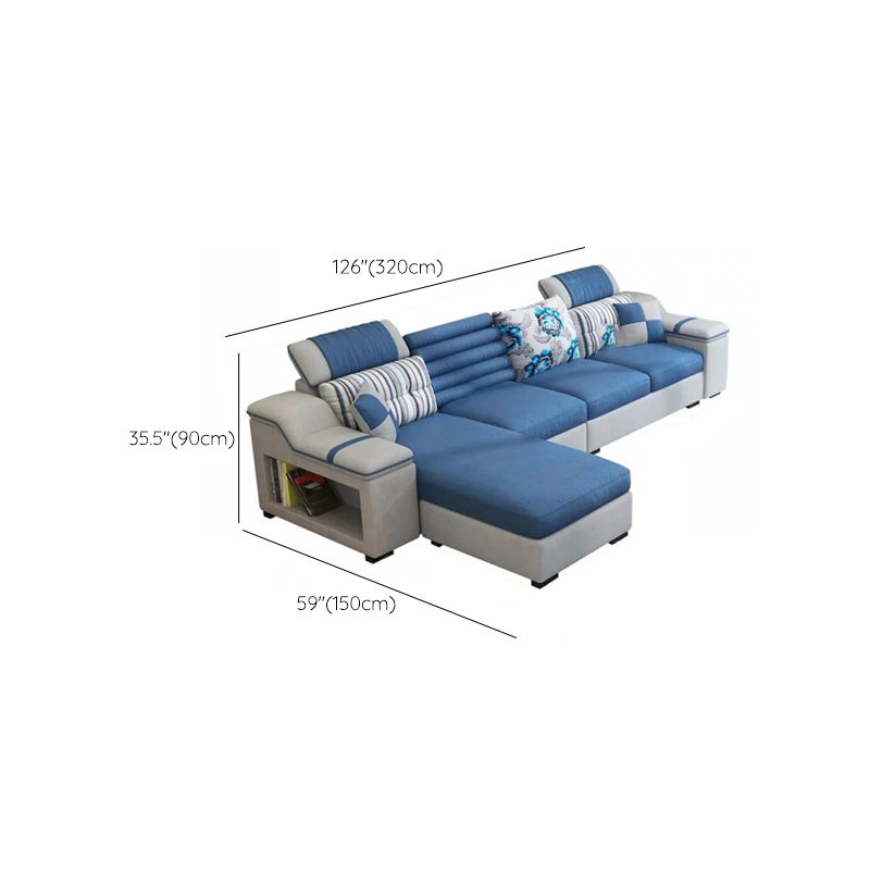 Divano in ecopelle e divano con chaise longue con braccioli e contenitori in blu