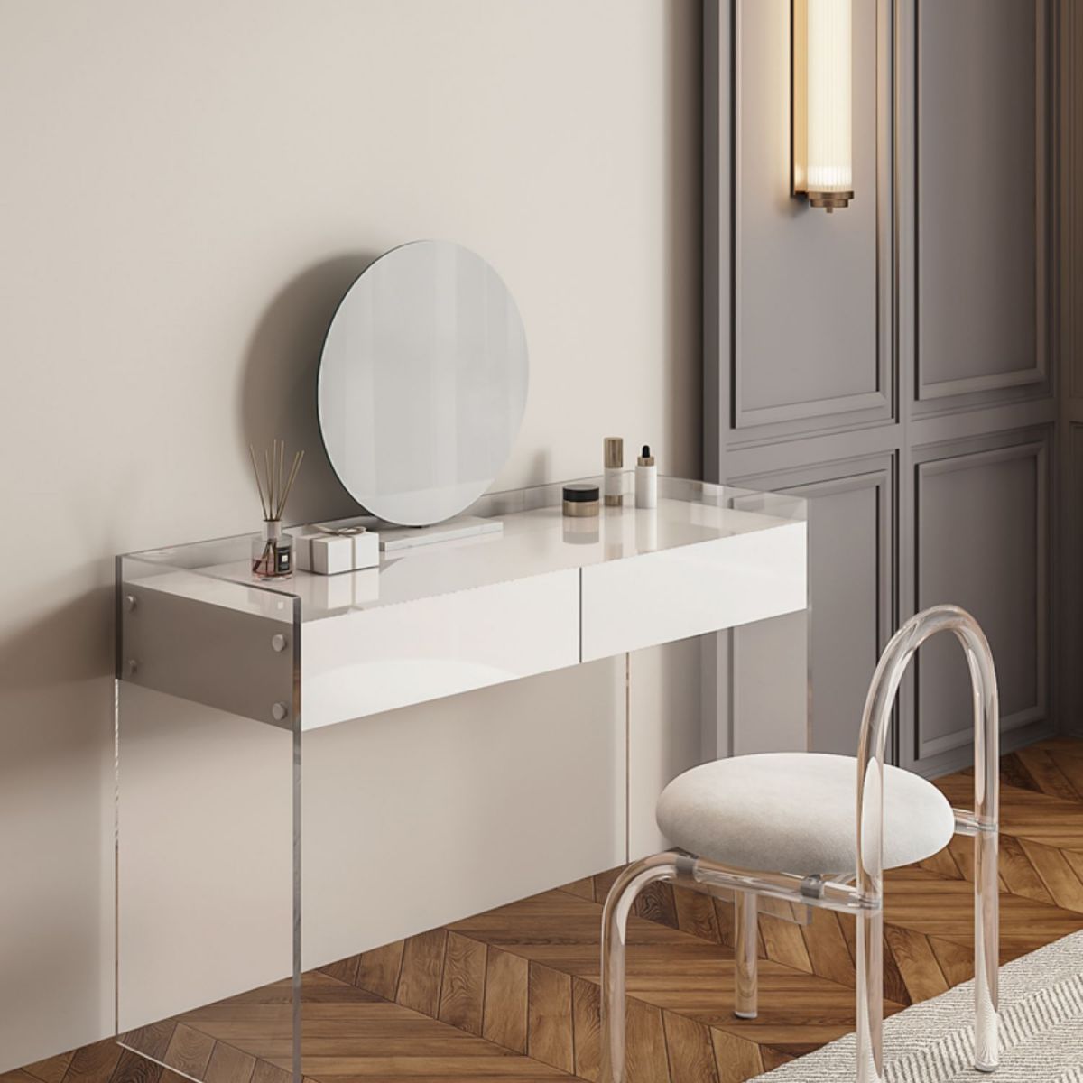 Glam Style Acrylic White Slate Table Top Transparent Base with 2 Drawer Dresser