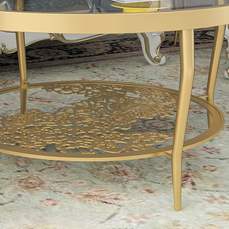 Contemporary Round Glass Top Coffee Table with Iron 4 Legs and Shelf Clearhalo 'Coffee & Accent Tables' 'Coffee Tables' 'coffee_tables' 'furn' 'furn_coffee_tables' 'Furniture' 'Living Room Furniture' 1200x1200_bf40e029-ddc7-450b-94a9-9a63c9c26def