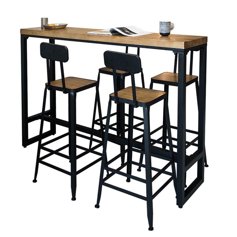 Juego de mesa de bar industrial de madera maciza, mesa de mostrador rectangular de 1/5 piezas con taburetes altos