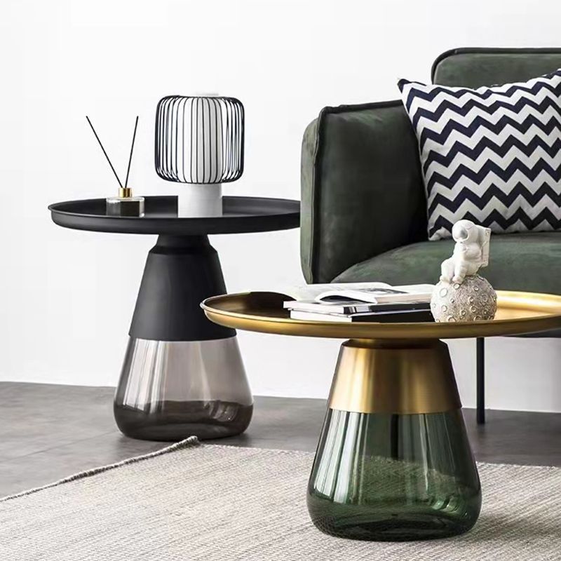 Modern Style Black/gold Metal Table Top Glass Base Round Side Table
