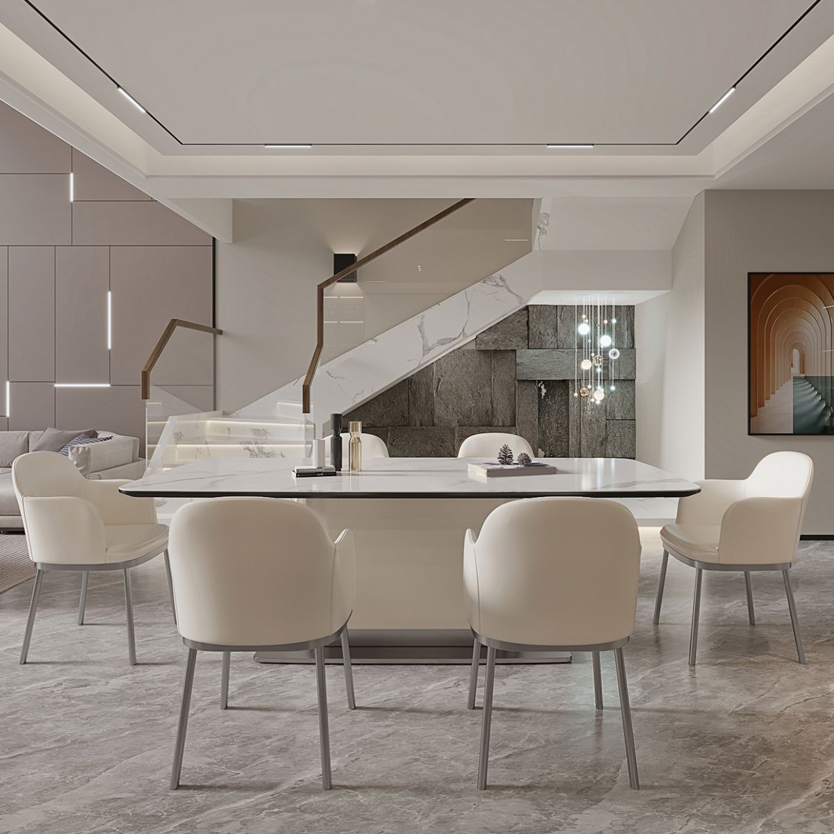 コンテンポラリーホワイトストーンダイニングセット1/4/7ピースアームチェア付きダイニングテーブルセット