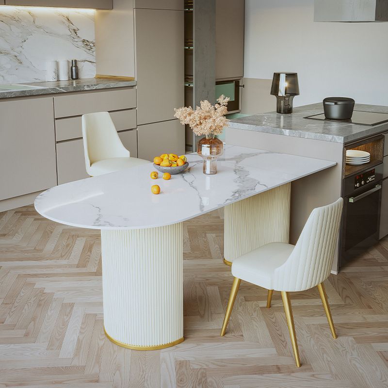 Glam Style Kitchen Sintered Stone Dining Table Freeform Table with Double Pedestal Base Clearhalo ' dining_table' 'Dining Tables & Seating' 'Dining Tables' 'furn' 'furn_dining_table' 'Furniture' 'furniture_dining_table' 'Kitchen & Dining Furniture' 'kitchen&dining_furn' 'kitchen' 'kitchen_dining_table' 1200x1200_bf8c30c8-b059-43e6-9e94-89ae561cb10b