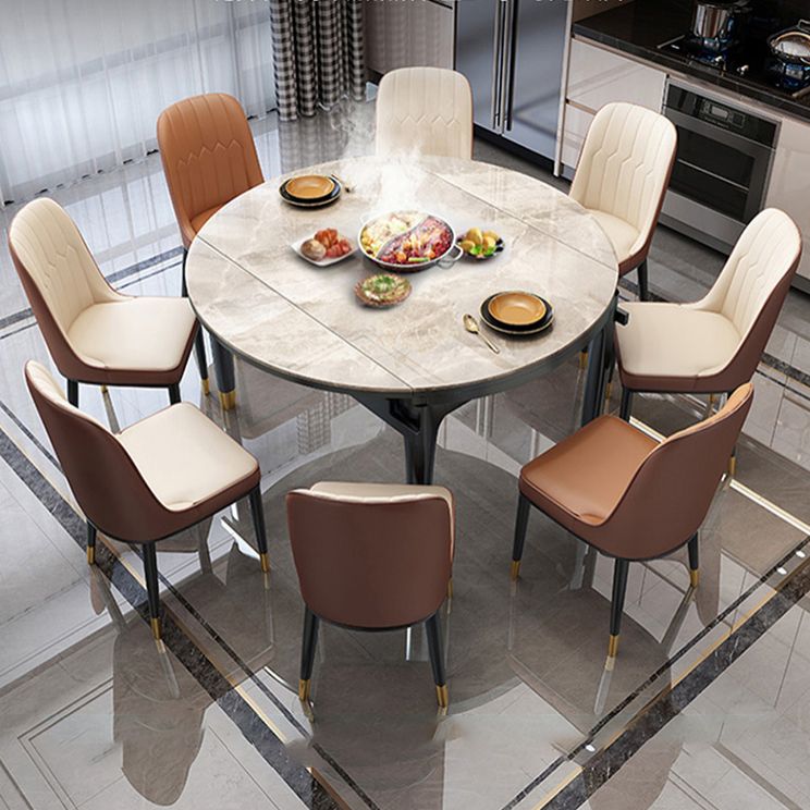 Contemporary Extendable Stone Dining Table with Wood Base and Double Drop Leaf Clearhalo 'Dining Tables & Seating' 'Dining Tables' 'dining_table' 'furn' 'furn_dining_table' 'Furniture' 'Kitchen & Dining Furniture' 1200x1200_bf9b7cb0-db21-415f-802e-3545d4f2182e