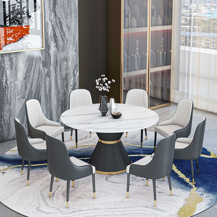 Round Stone Dining Table Black Base Traditional Luxury Dinette Table in White Clearhalo 'Dining Tables & Seating' 'Dining Tables' 'dining_table' 'furn' 'furn_dining_table' 'Furniture' 'furniture_dining_table' 'Kitchen & Dining Furniture' 1200x1200_bfc03ab5-fb30-4fb4-9e23-6f48d972031d