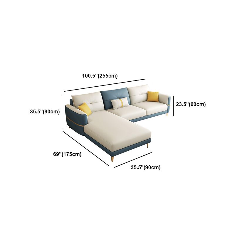 Glam Faux Leather Sofa Blue and Beige Square Arm Sofa with Pillows