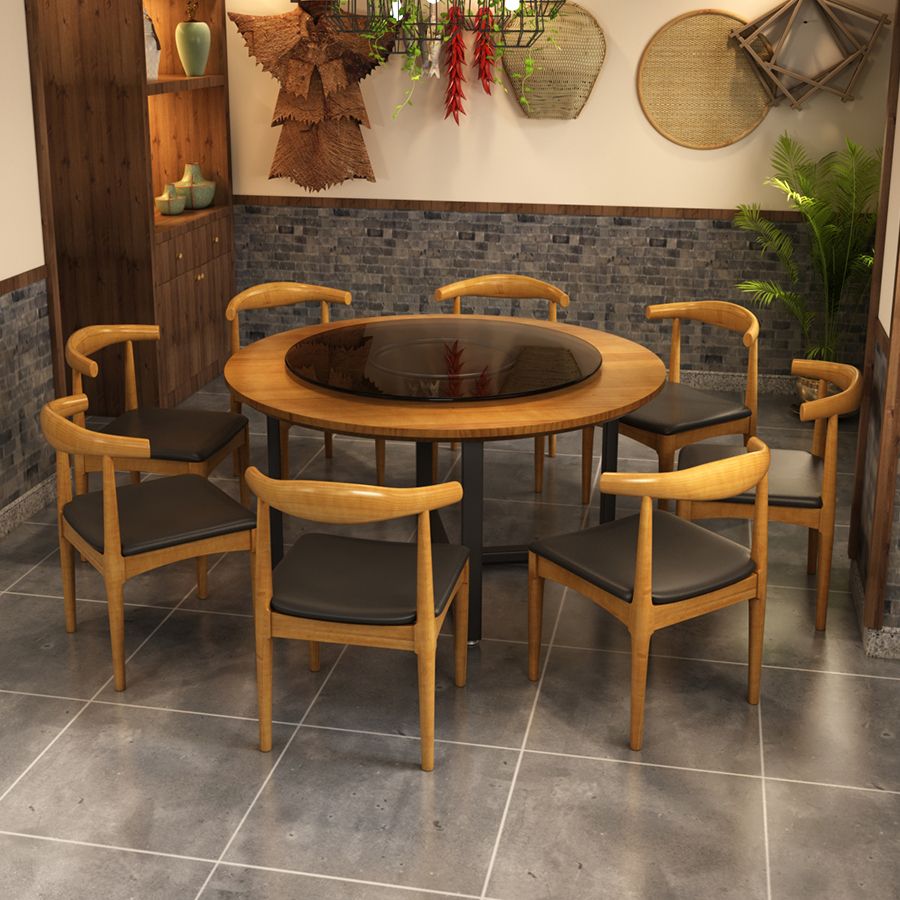 Contemporary Style Wood Dining Table Round Shape Table with Metallic Trestle Base Clearhalo ' dining_table' 'Dining Tables & Seating' 'Dining Tables' 'furn' 'furn_dining_table' 'Furniture' 'furniture_dining_table' 'Kitchen & Dining Furniture' 'kitchen&dining_furn' 'kitchen' 'kitchen_dining_table' 1200x1200_c00e37d2-e0ae-46fe-b08b-cb73d82fd797