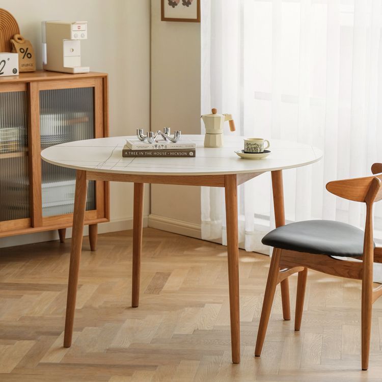 Contemporary Round Dining Table White Sintered Stone Table with 4 Cherry Wood Legs Clearhalo ' dining_table' 'Dining Tables & Seating' 'Dining Tables' 'furn' 'furn_dining_table' 'Furniture' 'furniture_dining_table' 'Kitchen & Dining Furniture' 'kitchen&dining_furn' 'kitchen' 'kitchen_dining_table' 1200x1200_c00f3f3d-fe99-45d2-a087-c1ab9b4ac573