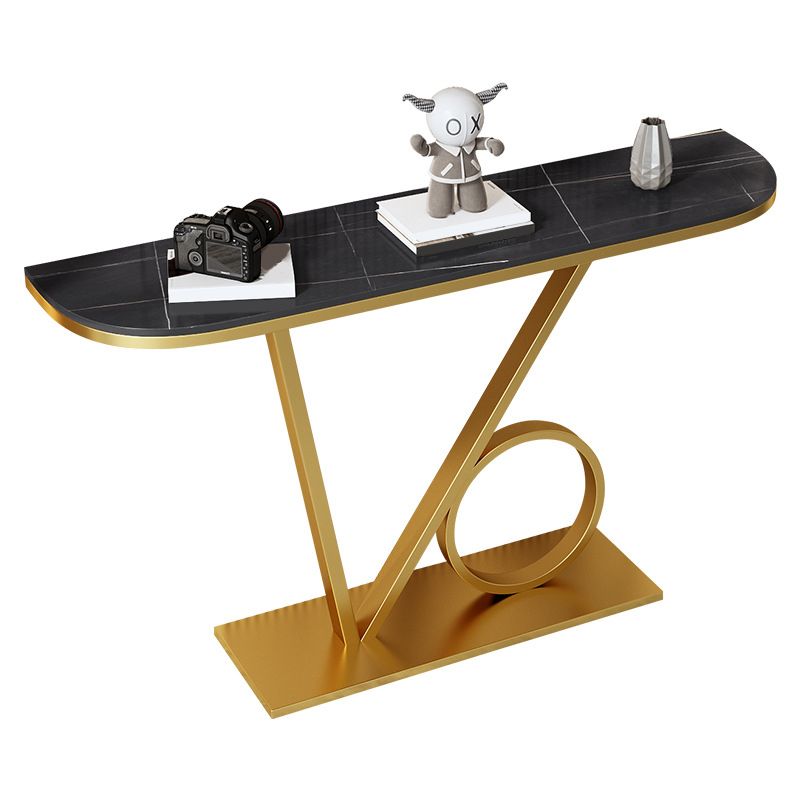 Tavolino con console superiore in pietra mezzaluna con tavolo di accento di base del piedistallo di ferro