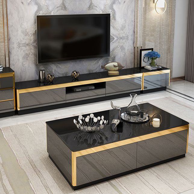 Glam TV Media Stand avec des tiroirs et une console de média TV en verre en bois